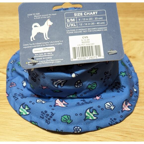 Life is Good Dog Sun Hat S/M Blue Fish Print Adjustable Strap New Pet Bucket Hat - Picture 4 of 8